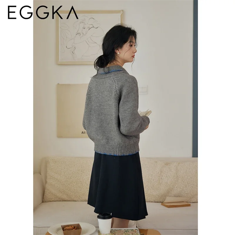 EGGKA Winter Thick Lapel Collar Sweaters Women Casual Loose Pullover Sweater Female Soft Knitted Tops Korean Fashion Streetwear