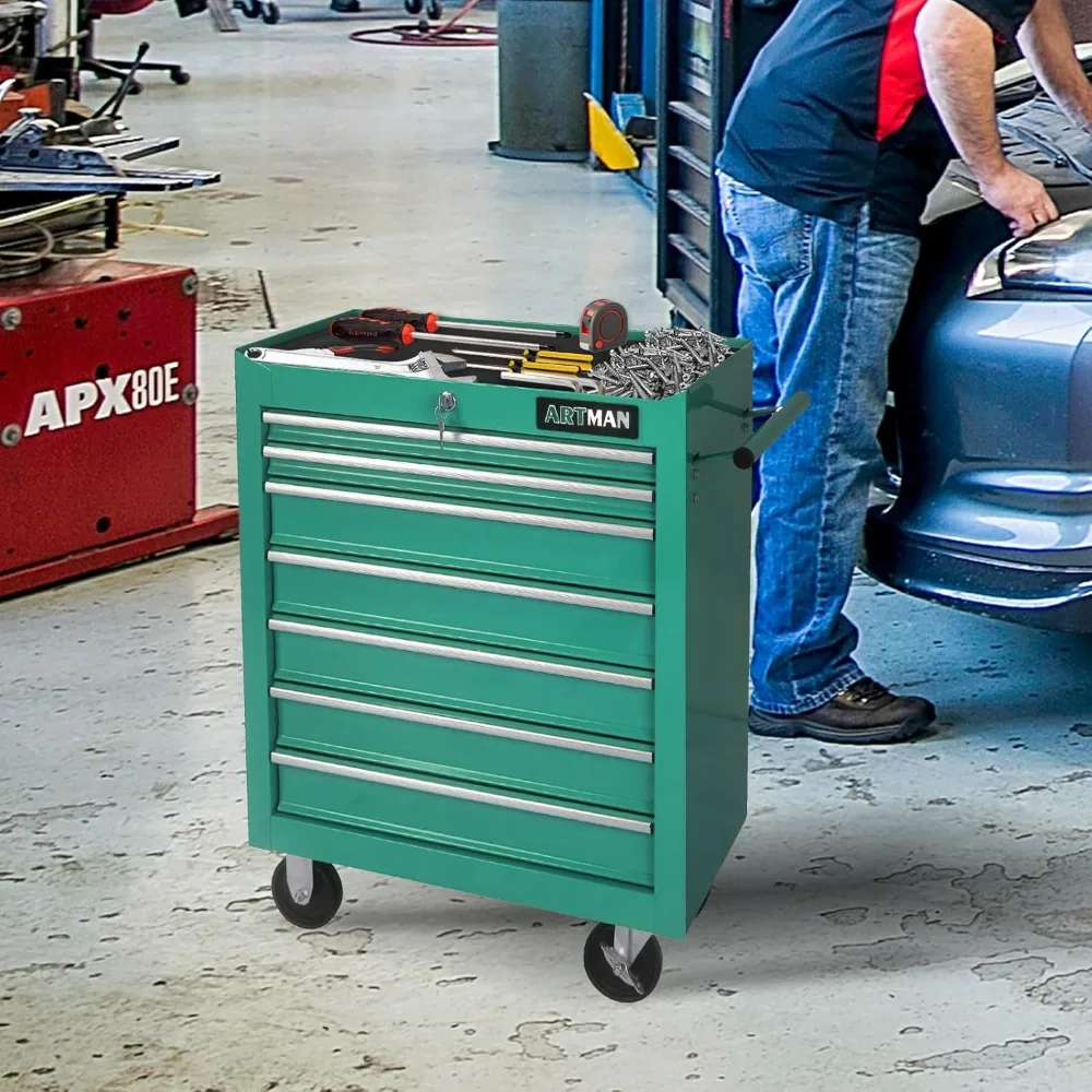 Tool Chest with 7 Drawers, Sturdy Multifunctional Mechanic Tool Storage Cabinet with Lockable Wheels Keys Portable
