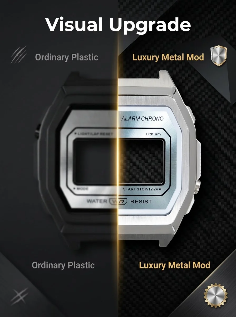 Royale Ultra Mod für CASIO F-91/A158/A159 Uhrengehäuse 316L Edelstahl K1 Mineral Poliert Gebürstetes Mattes Gehäuse Sunray Zifferblatt-Set – Detail 6