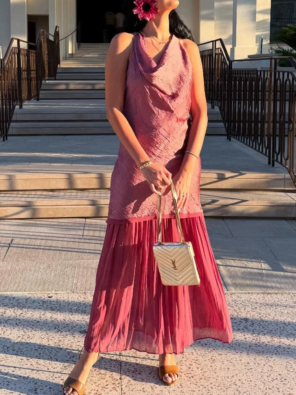 

Elegant Lady Halter Midi Dress Sleeveless Fold Satin Stitching Pleated Dress 2025 Summer Fashion Romantic Women Dress