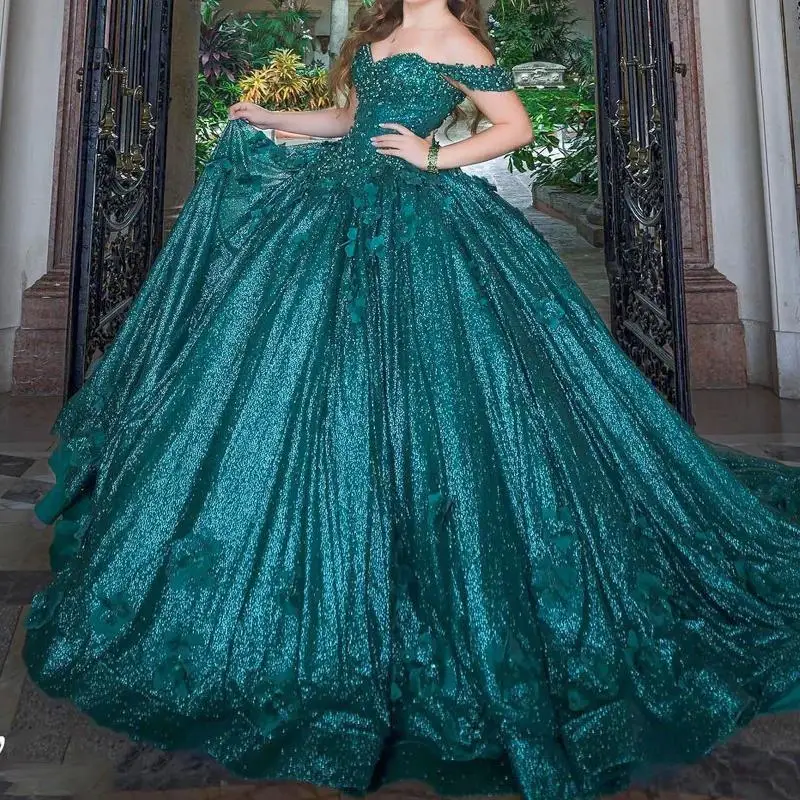 

Blackish Green Quinceanera Dress Sweet 16 Dress Off The Shoulder Flower Beaded Crystal Tull Birthday Party Dress vestidos de 15