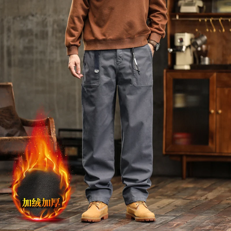 2025 خريف شتاء جديد سراويل تقليدية رجالية حجم كبير بسيط متعدد الاستخدامات مستقيم الساق مبطنة بالصوف سميكة السراويل البضائع في الهواء الطلق #6