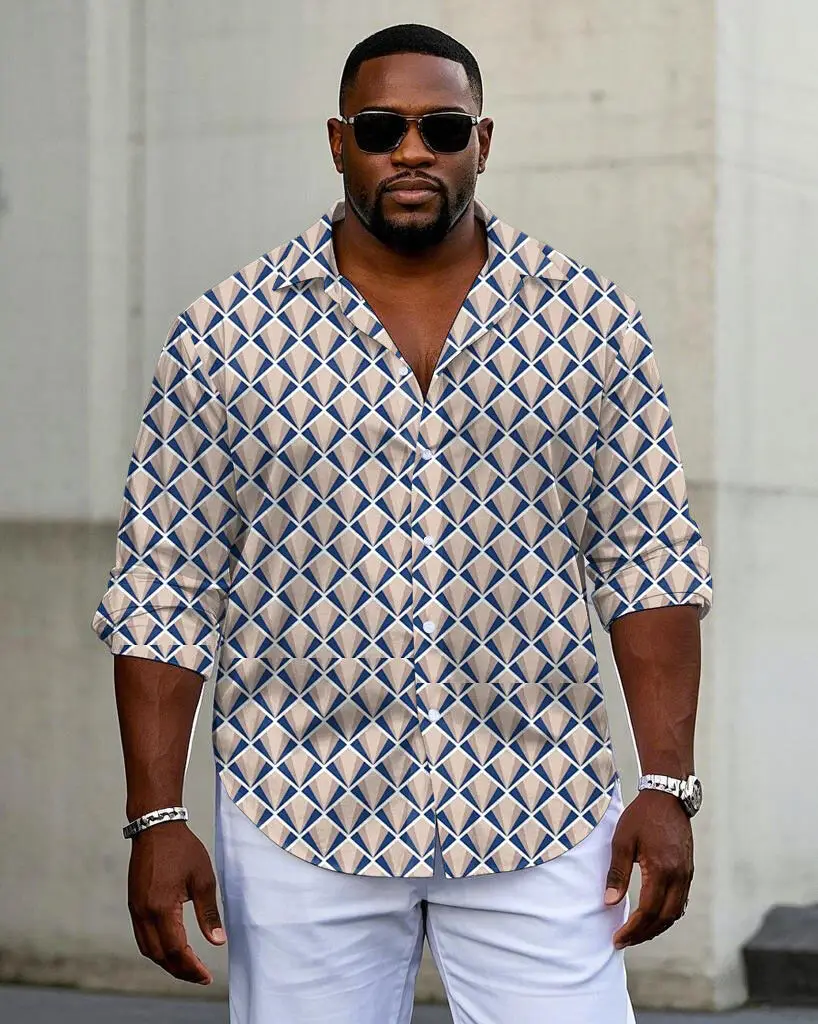 S-9XL Plus Size Men's Geometric Polka Dot & Houndstooth Print Long Sleeve Shirt, Casual Button-Down Dress Shirt,