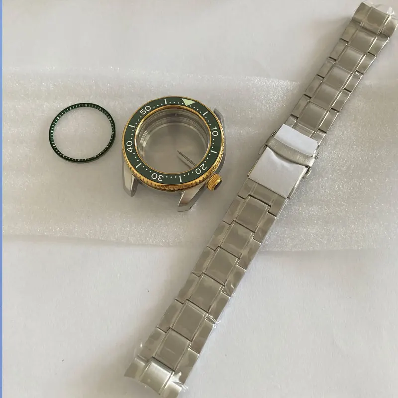 Watch Modify Parts 42mm Stainless Steel SBDX MM300 Watch Case Golden Bezel Green Ceramic Insert Suitable For NH35/36 Movement