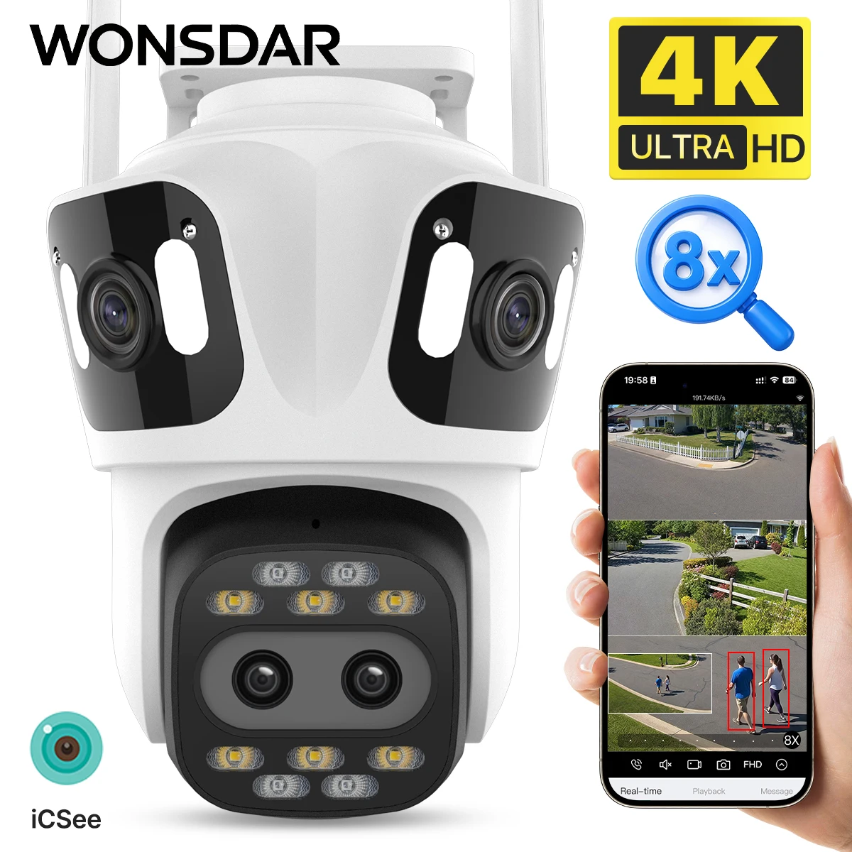 WONSDAR IP-Kamera mit Vier Bildschirmen für Außenbereich, 4K HD WLAN-Kamera, Drahtlose Videoüberwachung, PTZ-Kamera mit Farbnachtsicht und Auto-Tracking, ICSee