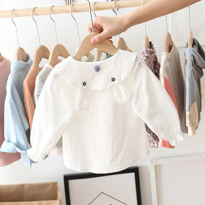2026 Girls Shirt 2026 Spring Autumn Long Sleeve Cotton White Shirt Kids 1 to 3 Years Baby Girl Korean Top