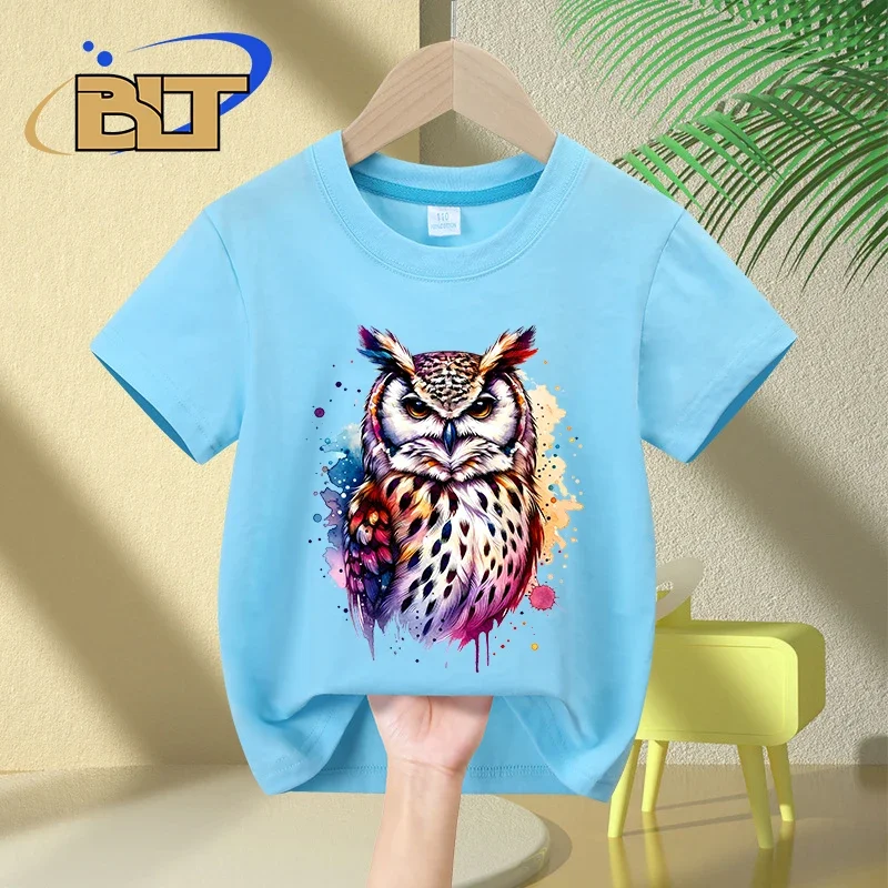 Watercolor Wise Owl print kids T-shirt summer children's cotton short-sleeved casual tops for boys and girls