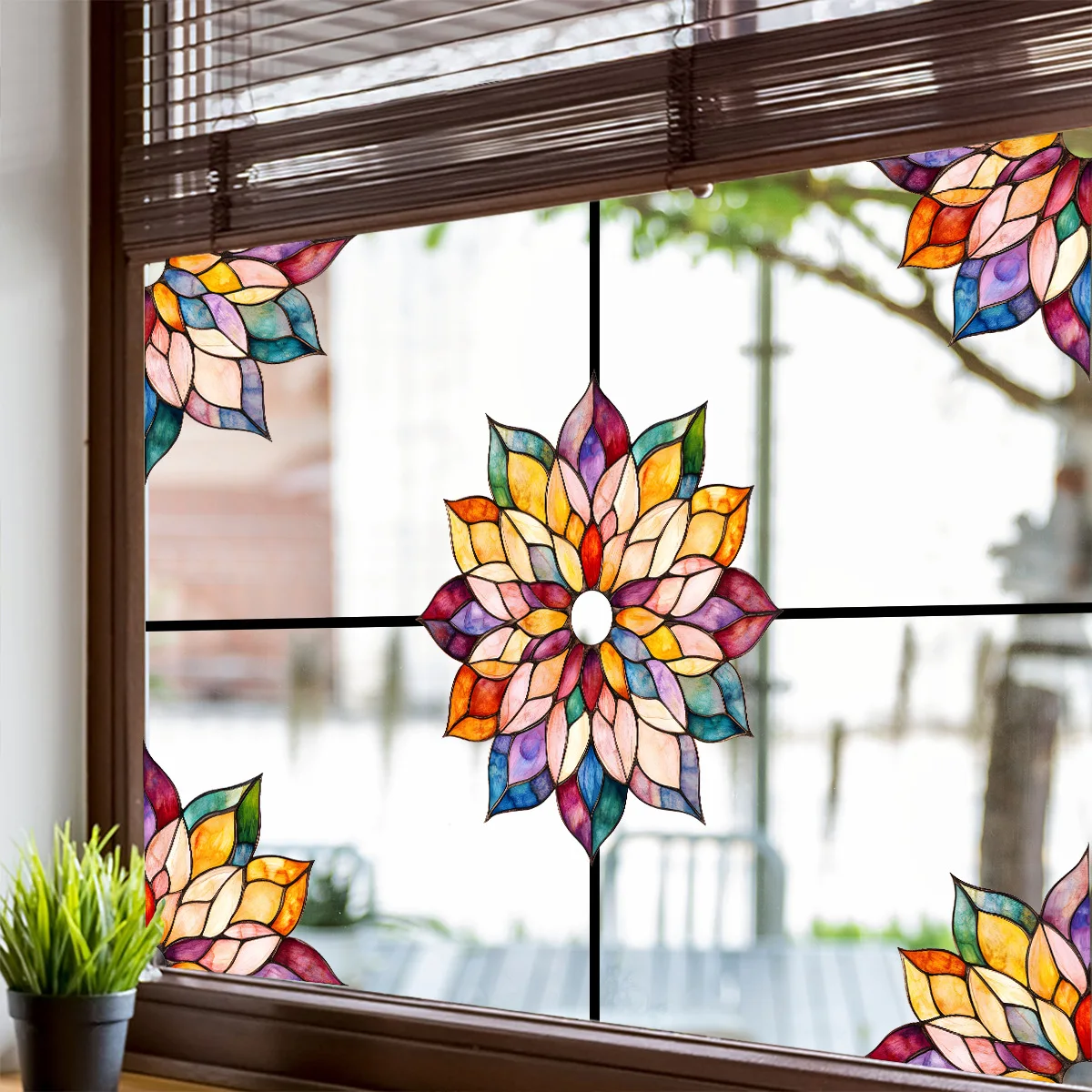 Image of Buntglas-Mandala Fensterfolie - Lebendiger Blumen-Sonnenfänger-Aufkleber, Nicht-Klebende Statische Fensterfolie für Heimdekoration, Sichtschutz