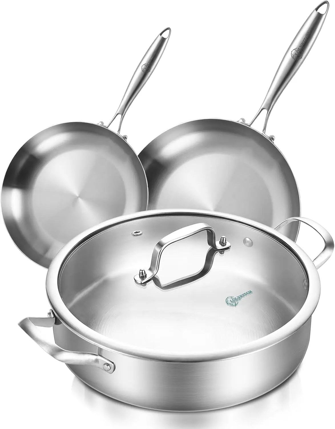 

Three-Piece Stainless Steel Wok and Skillet Set, Induction Cooktop Compatible, Dishwasher and Oven Safe.