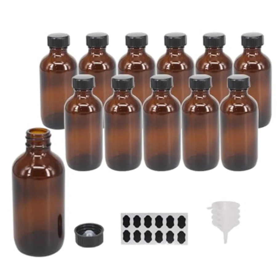 

12 Pack 4 oz Amber Boston Glass Bottle with Black Cap Funnel Labels for Homemade Vanilla Extract Essential Oils Wedding