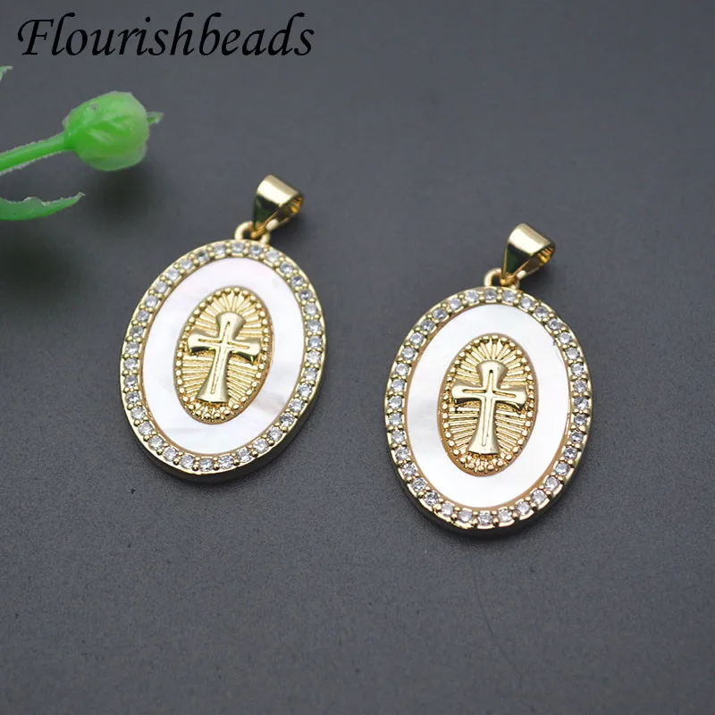 20x27mm Paved CZ Beads Natural MOP Shell Oval Shape Cross Pendant for DIY Handmade Jewelry Making Necklace