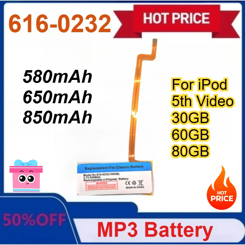

New 616-0232 30GB 60GB 80GB 160GB 850mAh Battery for IPod Fits for 5th Gen Video A1238 and For 6th Gen Classic Thick