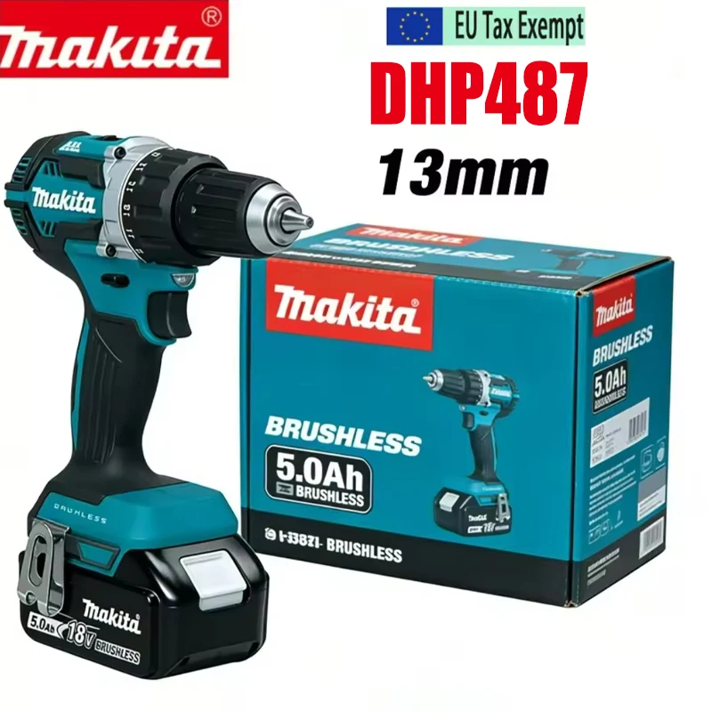 Set professionale di trapano a percussione senza fili Makita DHP487, con motore a spazzole, cambio a 2 velocità, luce da lavoro a LED e coppia elevata di 40 Nm, ideale per lavori di riparazione,