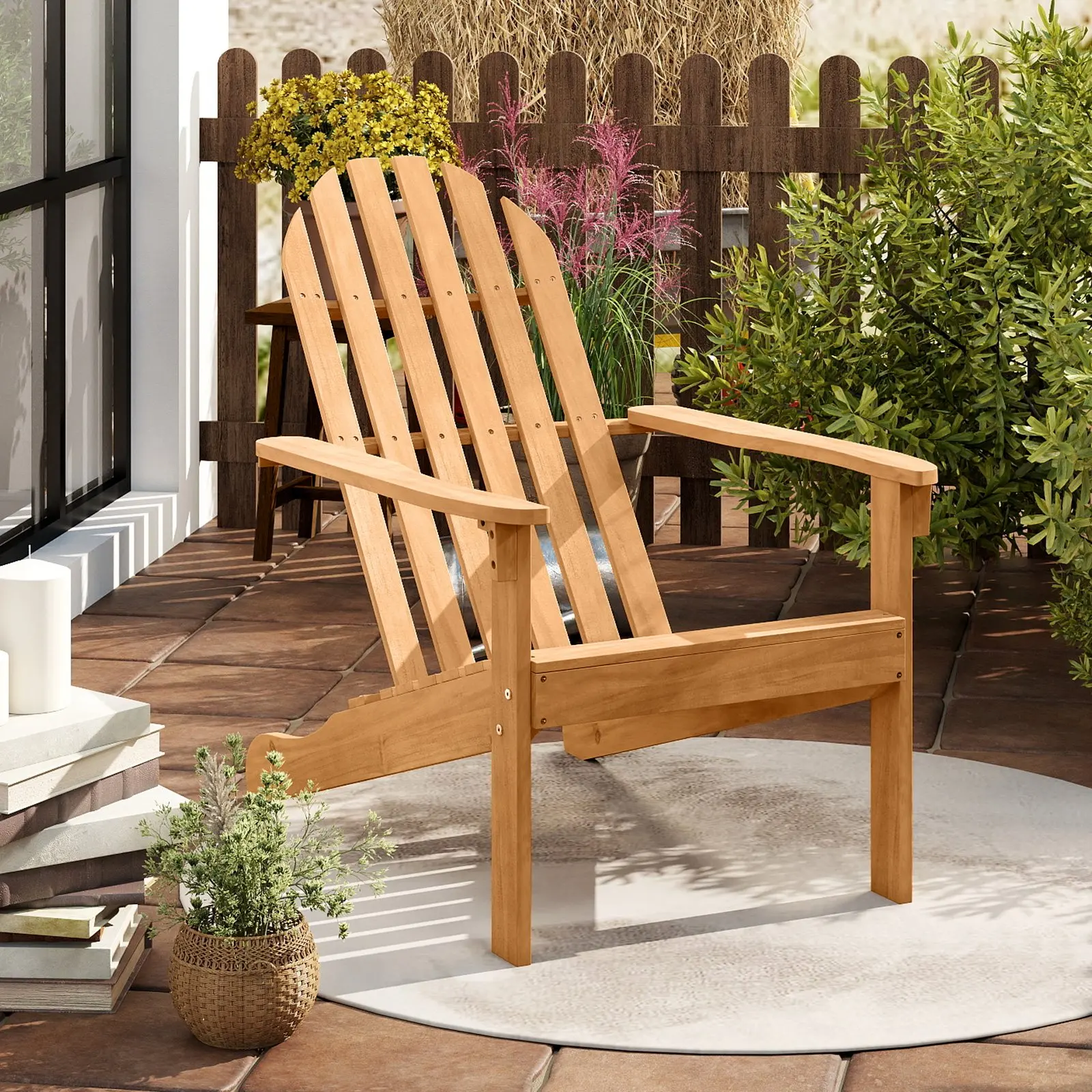 

Кресло Adirondack из акации для патио с наклонным сиденьем и высокой спинкой для террасы у бассейна - натуральное дерево
