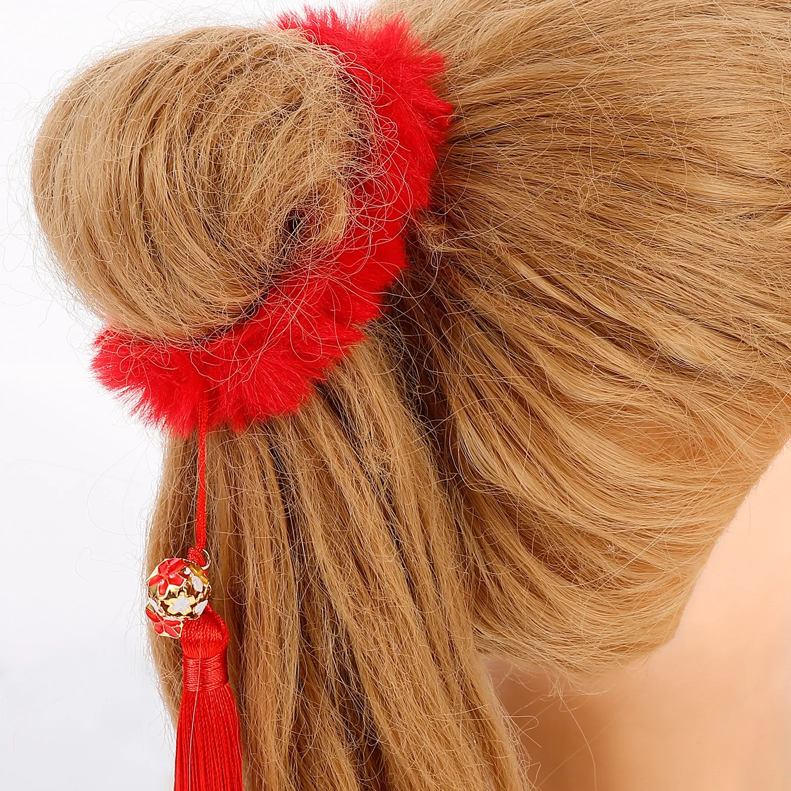2Pairs Adorable Red Tassel Hair Ropes Spring Festival Hair Ornament for Adults New Year Party Performance Theme