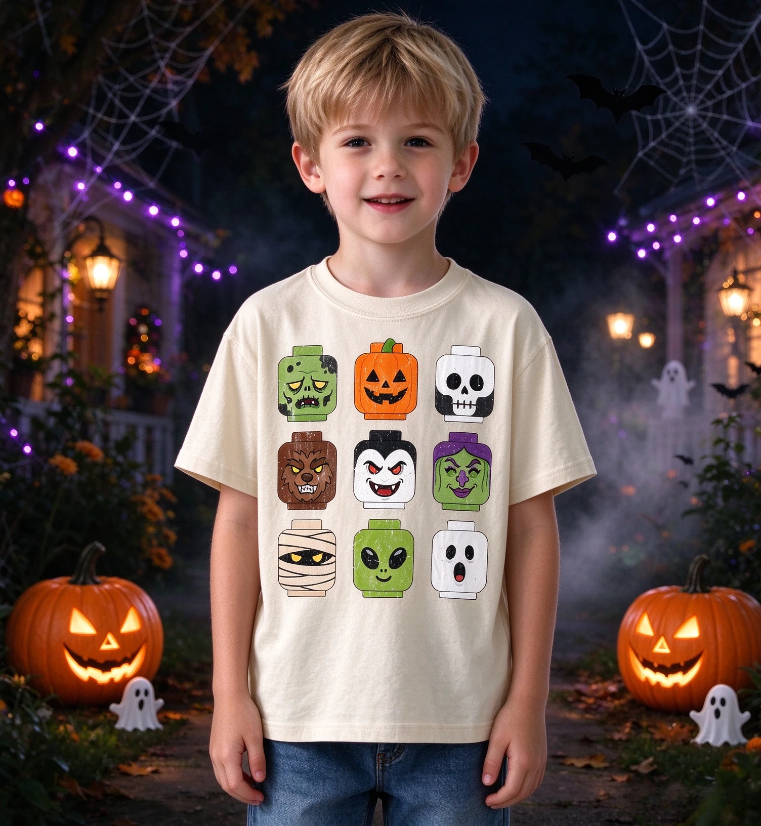 Halloween Building Blocks Toy Kids Y2K Cotton T-shirt Autumn New Family Parent-child Outfit Men Women Daily Casual Fashion Shirt