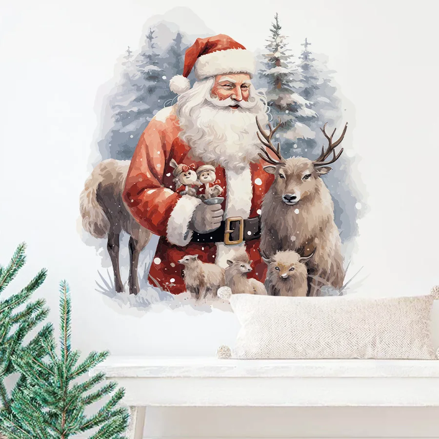 Christmas Cartoon Elk Snow Scene Santa Self-adhesive Wall Sticker Ins Wind Room Decoration Sticker