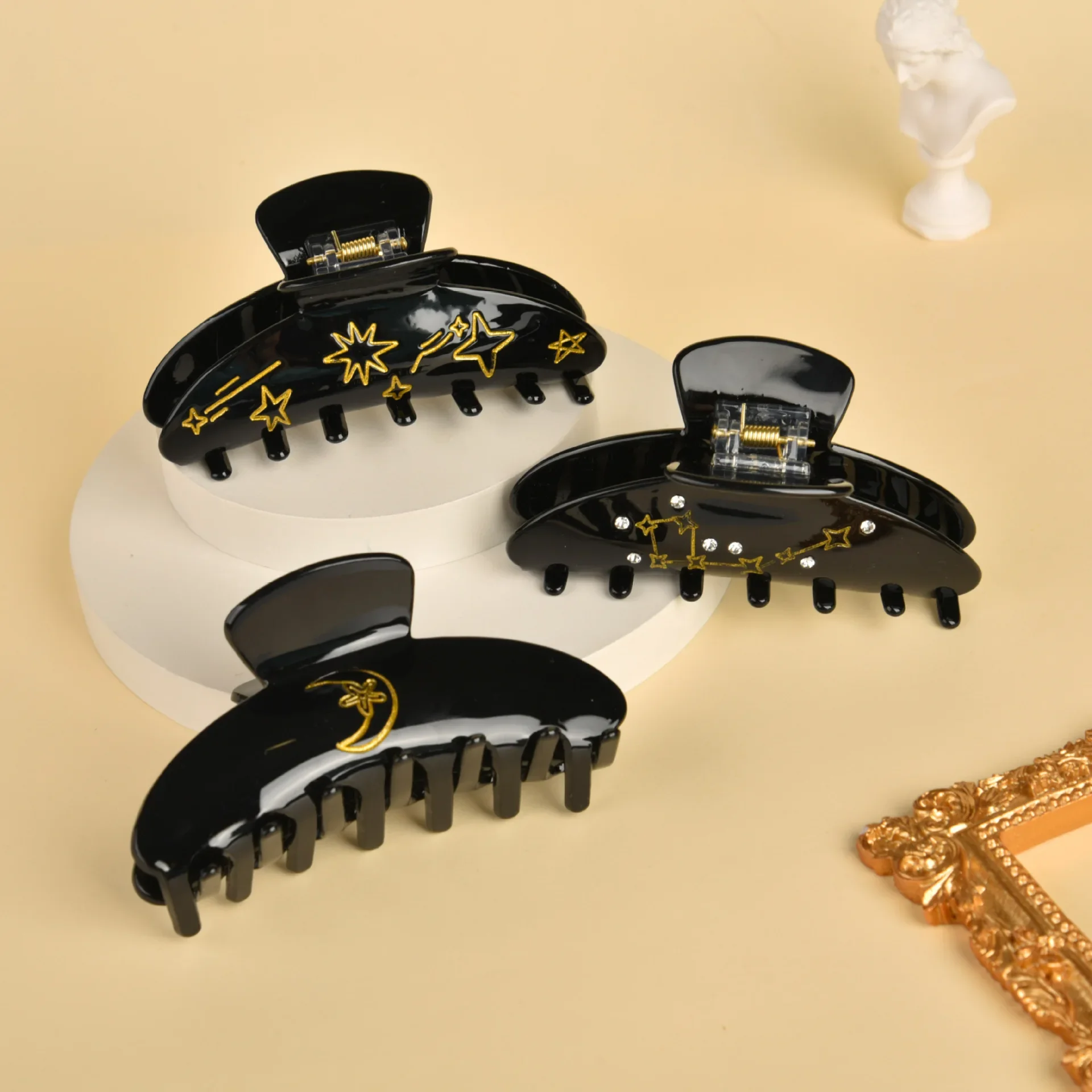 

Rhinestone Star Moon Hair Claw Acetate Retro Balck Gold Fairy Crab Hair Clip Claw Clip for Gentle Women Girl Hair Accessories