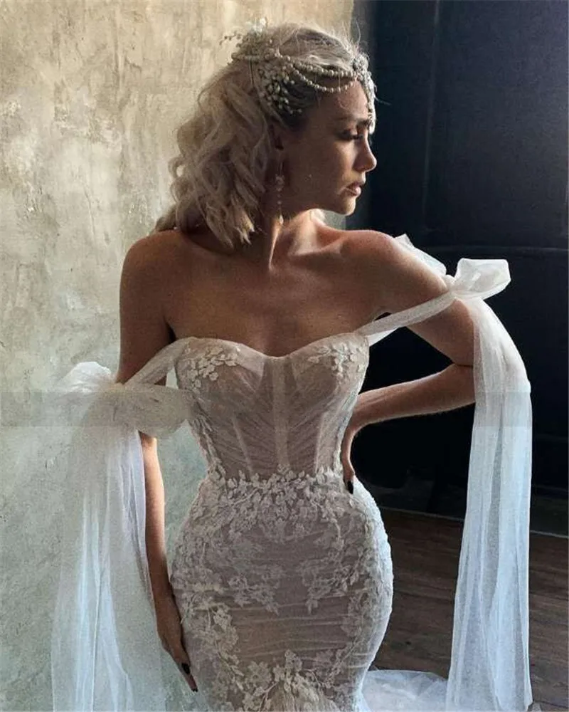 Robes de mariée en dentelle sirène, appliques chérie sexy, robe en tulle plissé, train de balayage éducatif, patients, quel que soit le dos nu, 2023