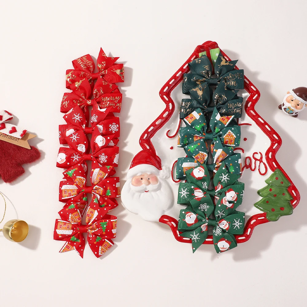 

12 шт., рождественские банты для волос для маленьких девочек, заколки, милые ленты с принтом Санта-Клауса, аксессуары для волос для новогоднего наряда