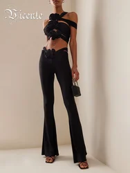 VC Black Two Pieces Set Women Sexy Stereo Floral Crop Top And Long Pants Bodycon Female Clothes Runway Stage Wear