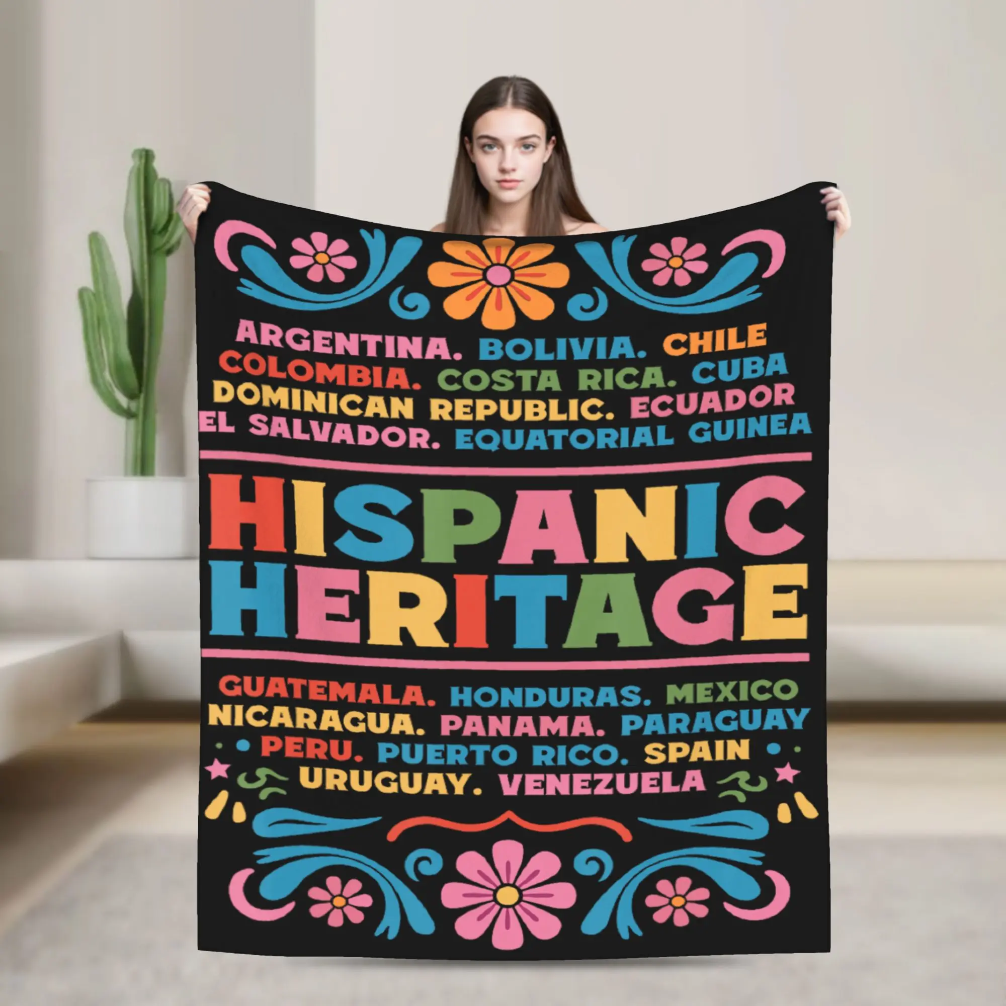 Hispanic Heritage Month Flowers Latino Country Flags Warm Cozy Blanket Funny Plane Travel Throw Blanket Bedspread Sofa Bed Cover
