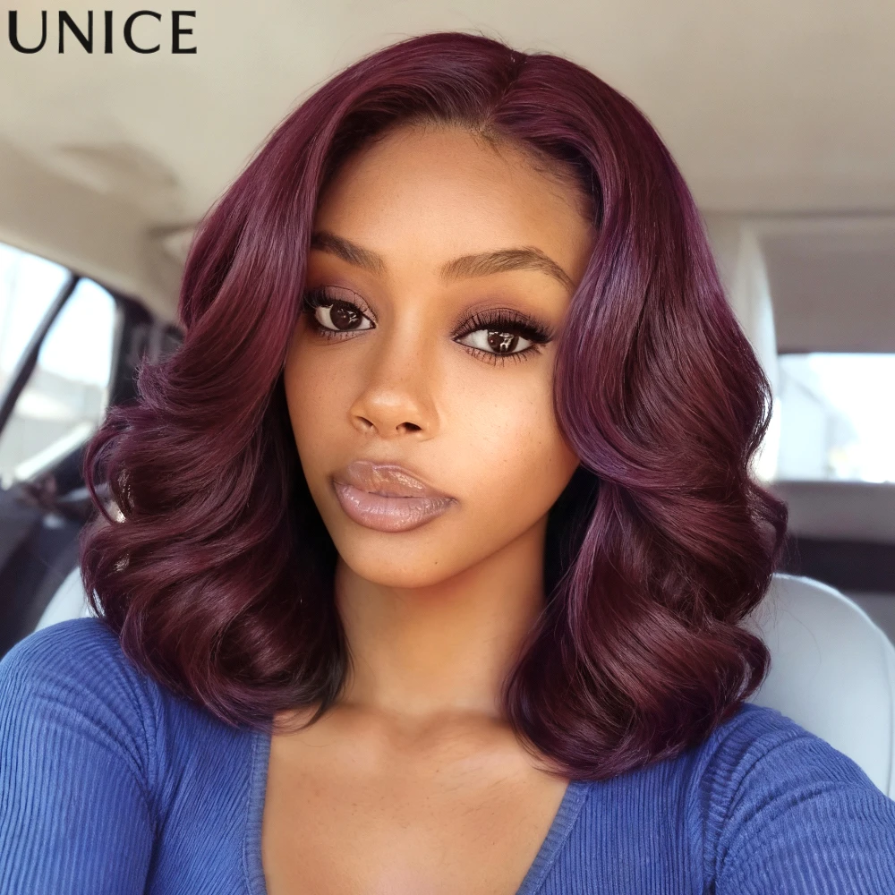 

UNice 7x5 Lace No-Slip Cap Black Cherry Wavy Bob Wig With Face-framing Layers Glueless 100% Human Hair Wigs 150% Density