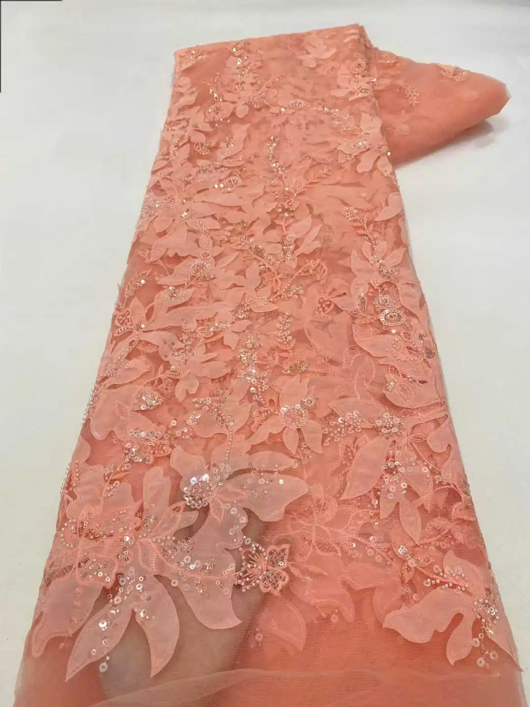 

Luxury 3D Hand Beaded Tulle Lace Fabric Embroidered Applique African Nigerian Fabric for Sewing Dubai Style