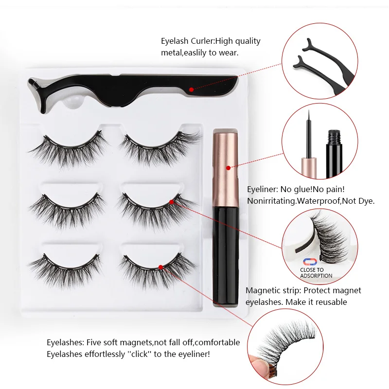 3 Pairs Magnetic Eyelashes  False Lashes  Repeated Use Eyelashes Waterproof Liquid Eyeliner With Tweezer Make Up Sets Hotting