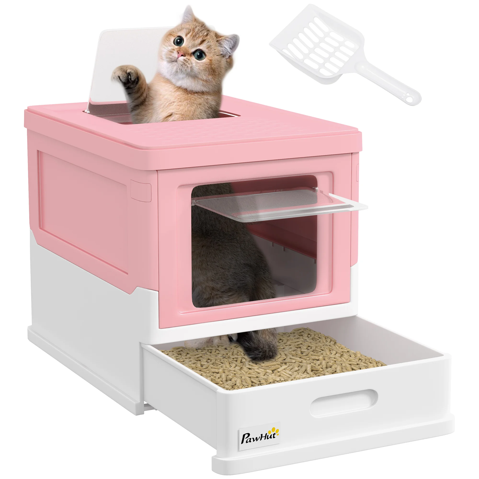 Pawut kattenbak voor kattenhuis met dubbele deur en bovenblad + leer + uitneembare lade anti-spat reiniging eenvoudig - 47,5x36,7cm wit Roze