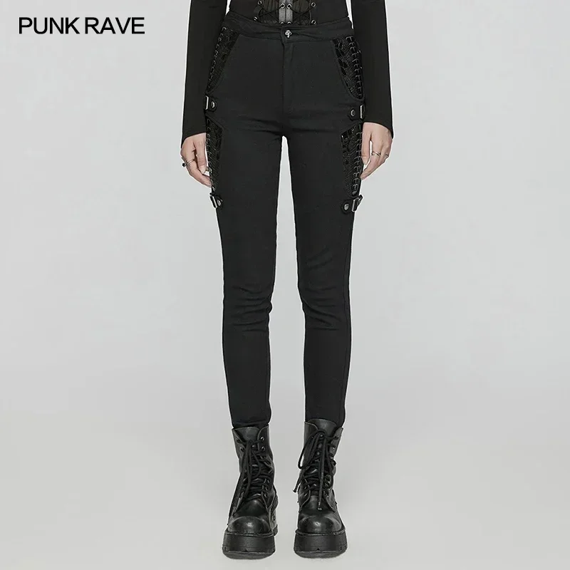 PUNK RAVE Women's Punk Twill Woven Leggings Skeletons of Patent Leather on Both Sides Handsome Personalized Trousers Streetwear