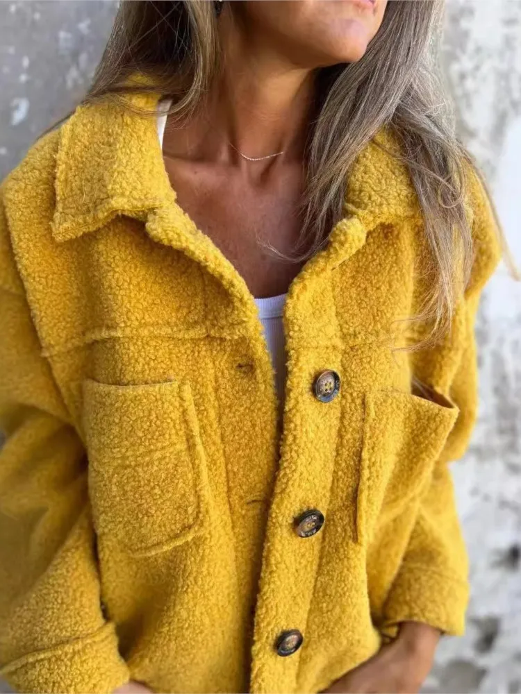 Mantel Jaket Solid Kasual untuk Wanita Mantel Jaket Kerah Lipat Kancing Lengan Panjang Mode Pakaian Wanita Musim Gugur Musim Dingin