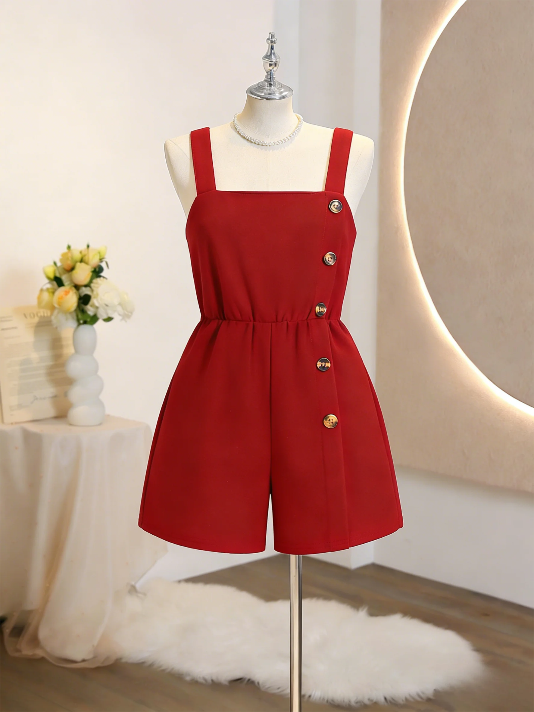 7-11 Years Girls Red Jumpsuit - Faux Button Detail | Party, Birthday, Holiday, Back to School, Gatherings & Outings