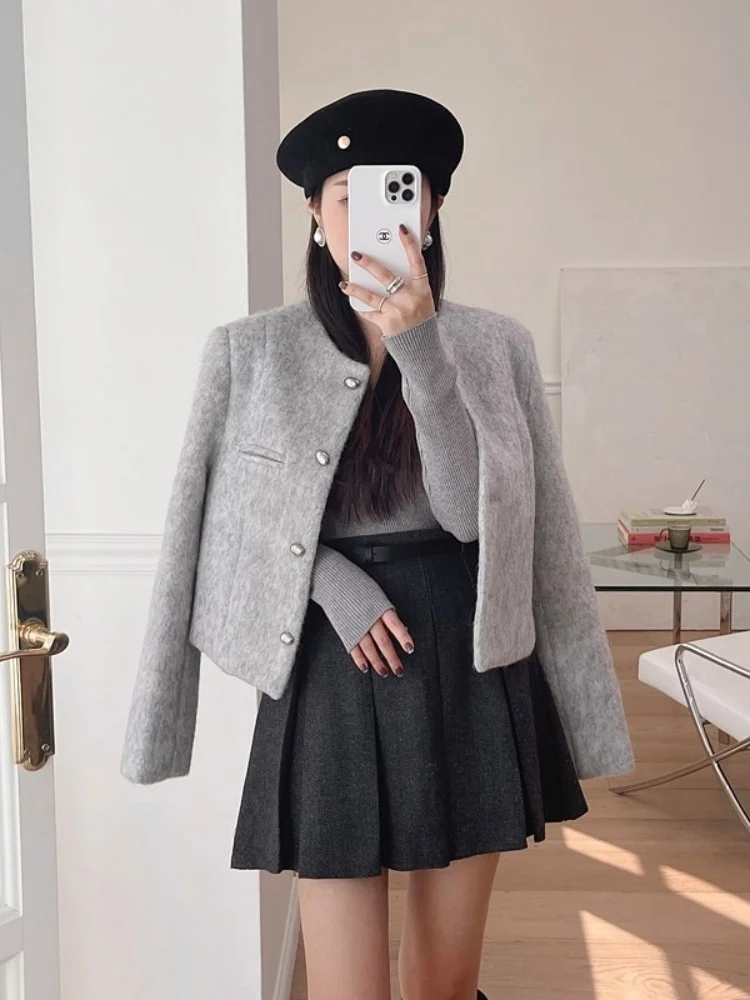 

Ele Single-Button round Ne Tweed Jaet Women's Chic Woolen Coat Commute Sle Long Sve Regular Fit Spring Autumn Wi...