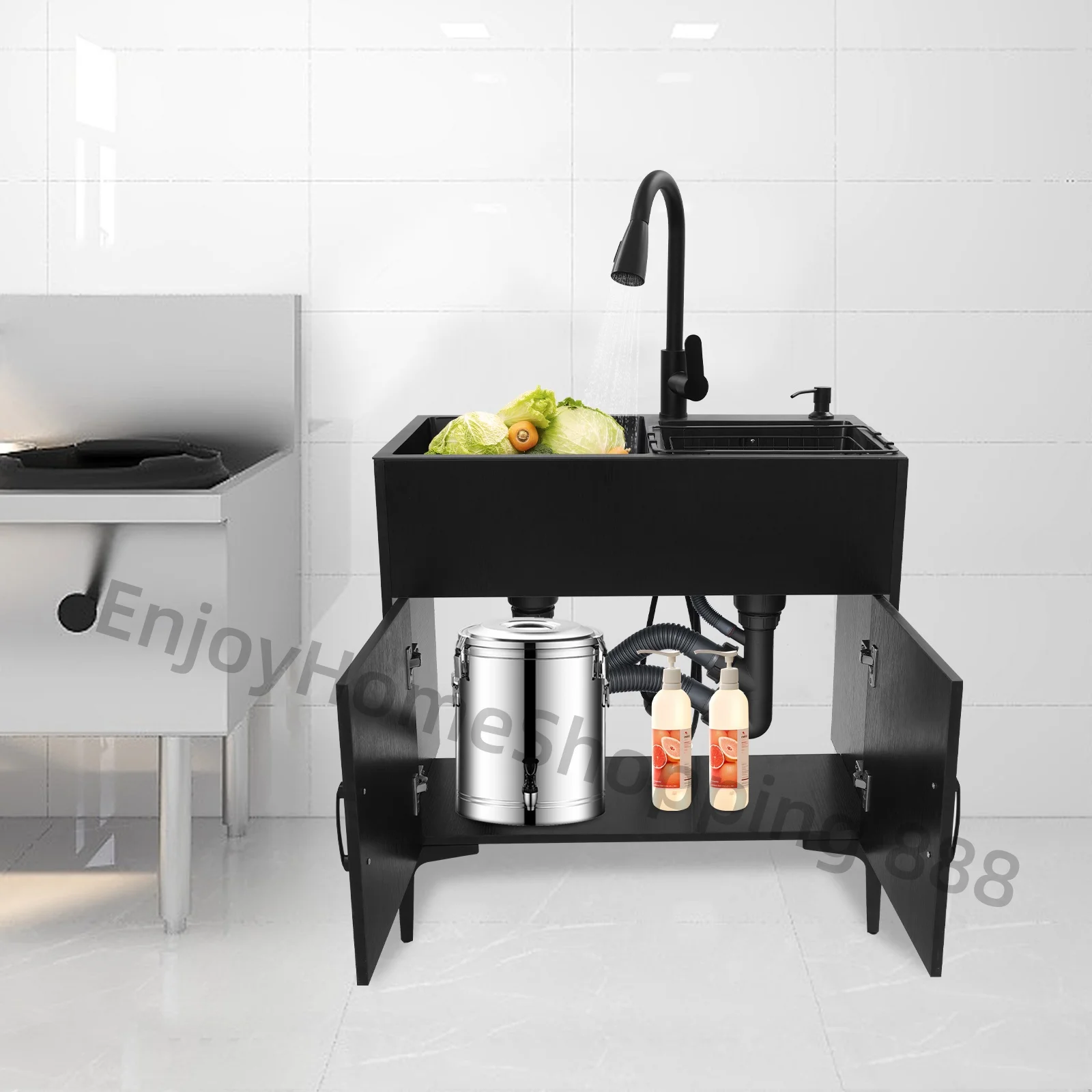 

Шкаф для раковины из нержавеющей стали с выдвижным смесителем для двойной раковины Black King и сливной корзиной — полный набор для домашних советов