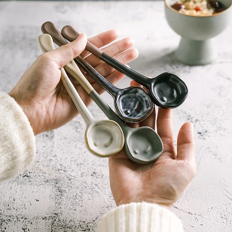 

Japanese-style Retro Ceramic Heat-resistant Long-handled Coffee Spoon, Household Earthenware Seasoning and Stirring Spoon