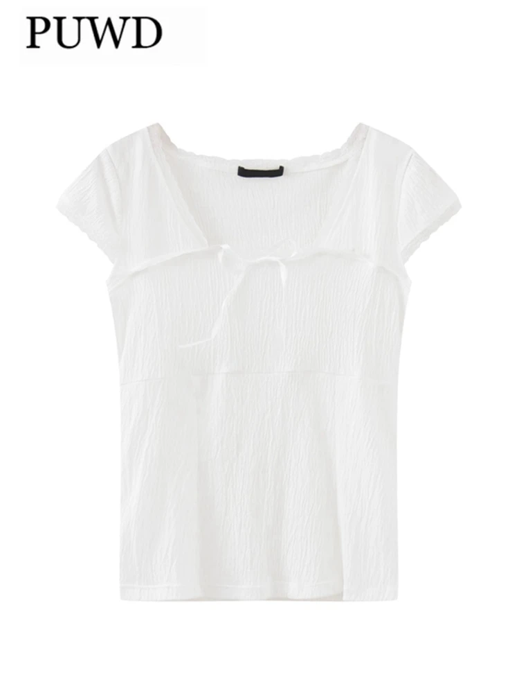 PUWD Elegant Women Solid Short Sleeve Tees 2023 Autumn Fashion Ladies White Bow Square Collar Tees Sweet Female Chic Tops