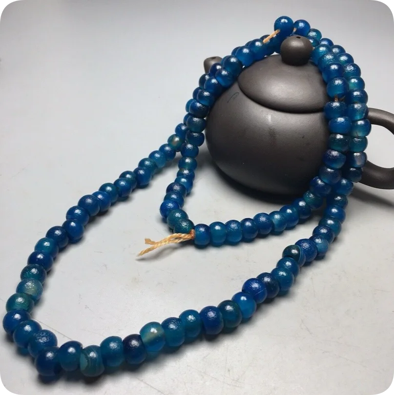 Power Energy Tibetan Natural Blue Old Agate Dzi Beads Necklace U726