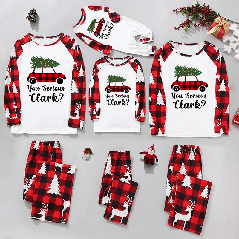 2024 Christmas Family Matching Pajamas Set Christmas Tree Letter Cute Deer Print Long Sleeve Tops and Plaid Pants 2 Pieces Sleep