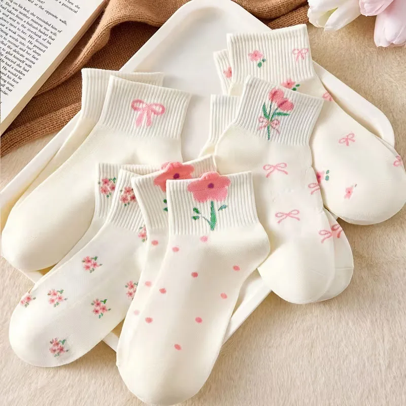 5 Pairs Girls Socks Cute Small Floral Pattern Bow Flower Comfortable Breathable Kids Socks image 3