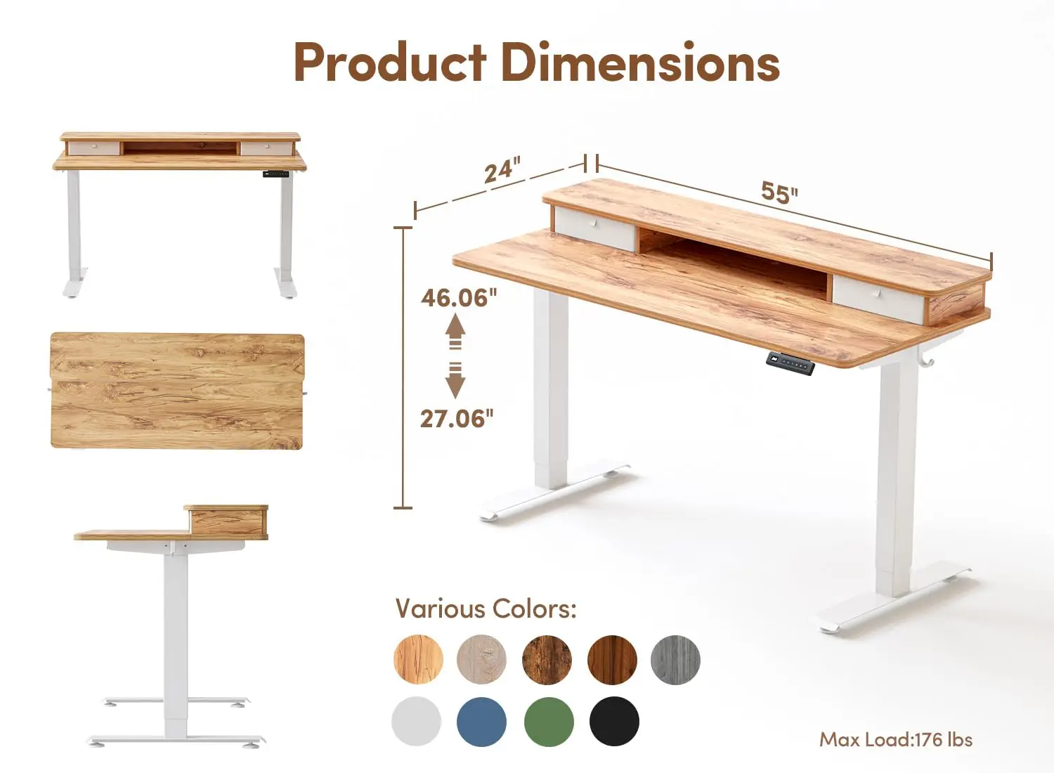 55x24 Inch Electric Height Adjustable Standing Desk with Drawers & Hooks, 4 Feet, Home Office Workstation, Rustic, Customized
