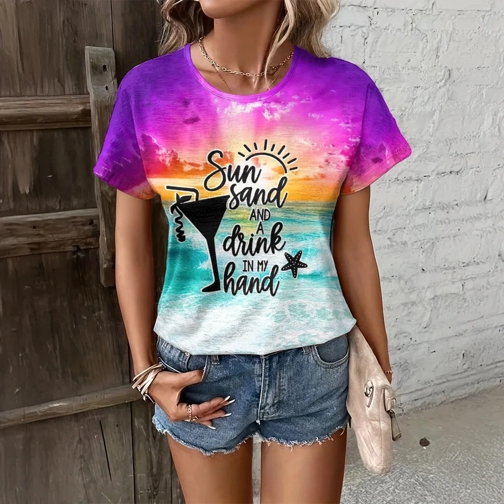 Zomer Mode Strand Vakantie Stijl O-hals Dames Losse T-Shirts 2024 Nieuwe Korte Mouwen T-Shirt Casual Trend Vrouwen Kleding Tops