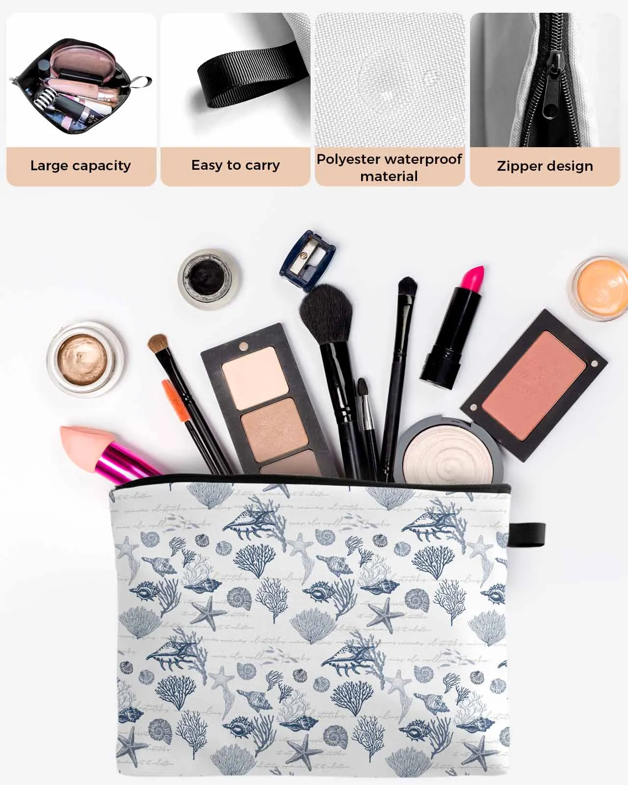 

Coral Navigation Retro Navy Blue Women Portable Storage Bag Pouch Napkin Cosmetic Bags Organizer Ladies Makeup Bag