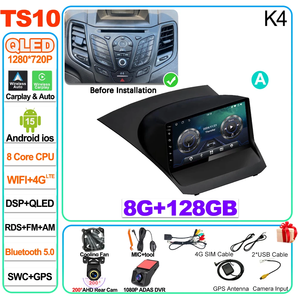 Auto radio Carplay Android 16 voor Ford Fiesta Mk 6 2009 2010 2011 2012 2013 2014 -2018 Radio Multimedia Videospeler Scherm GPS