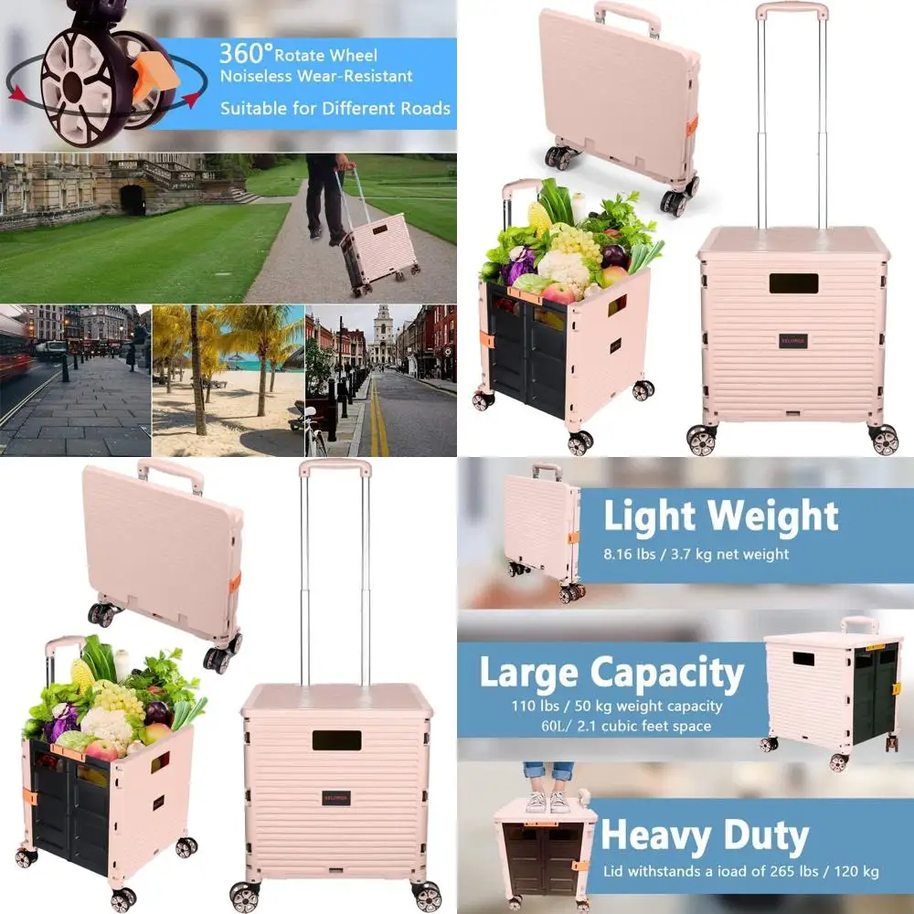 

Portable Rolling Utility Cart with Collapsible 4-Wheel Design for Shopping, Storage, and Travel