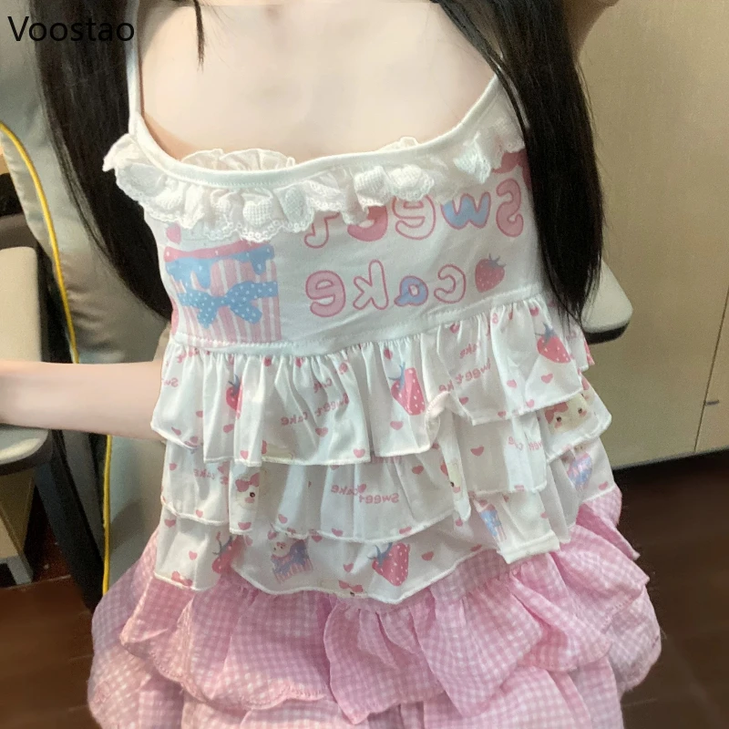 Japanese Kawaii Lolita Crop Tops Women Harajuku Cartoon Print Lace Ruffles Vest Fairy Tank Top Y2k Aesthetic Backless Camisoles