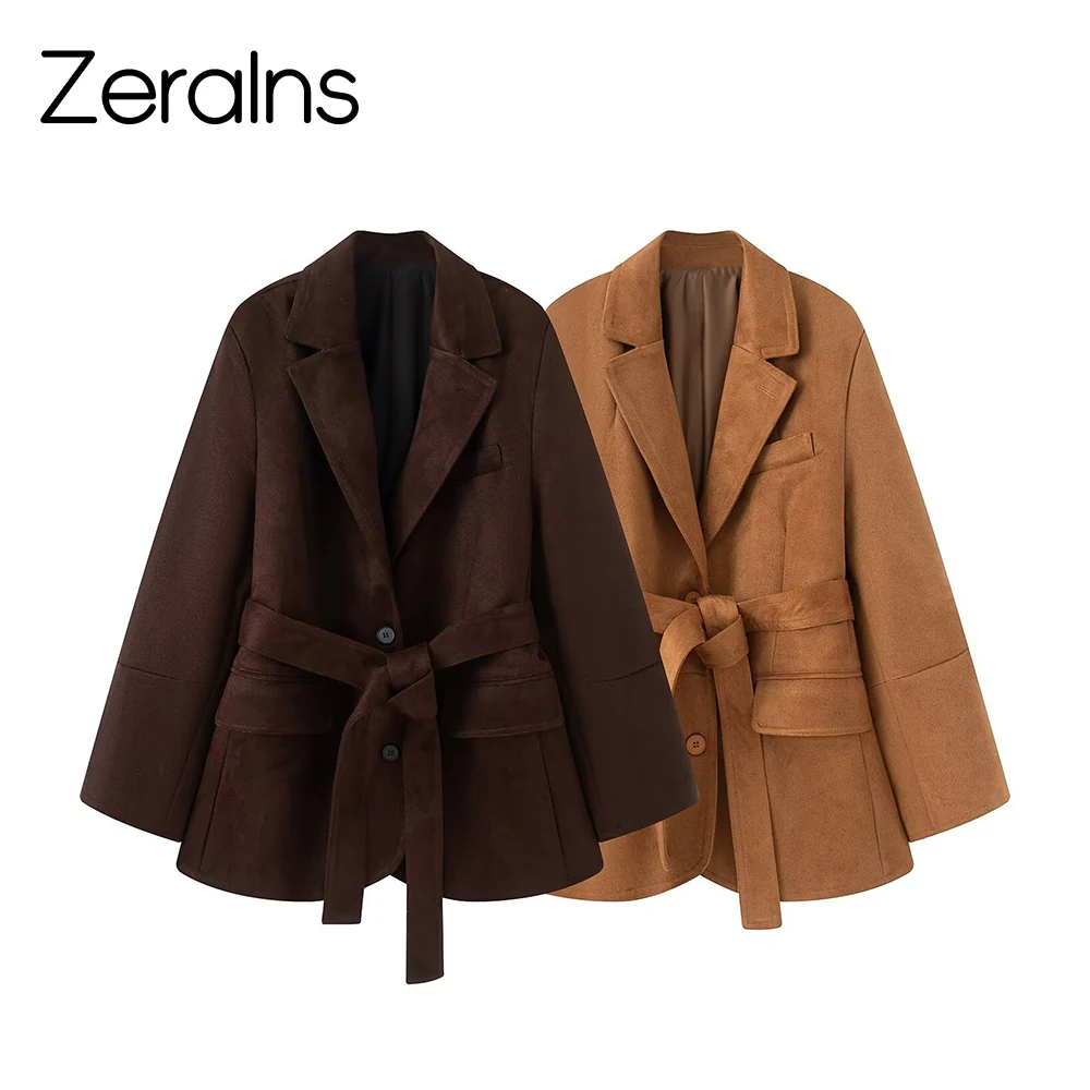

ZERAINS Autumn Maillard Brown Collar Waist Suede Jacket Suit Jacket Women's Style Autumn 2025 New Collection