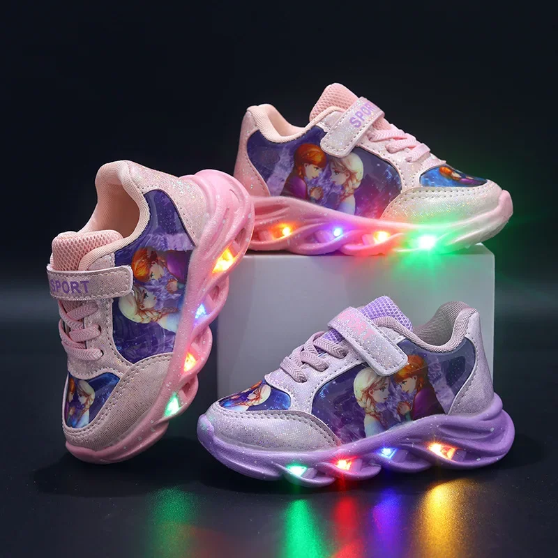 Disney frozen led light girls shoes Spring and autumn new single leather fcasual shoes children's sports princess shoes