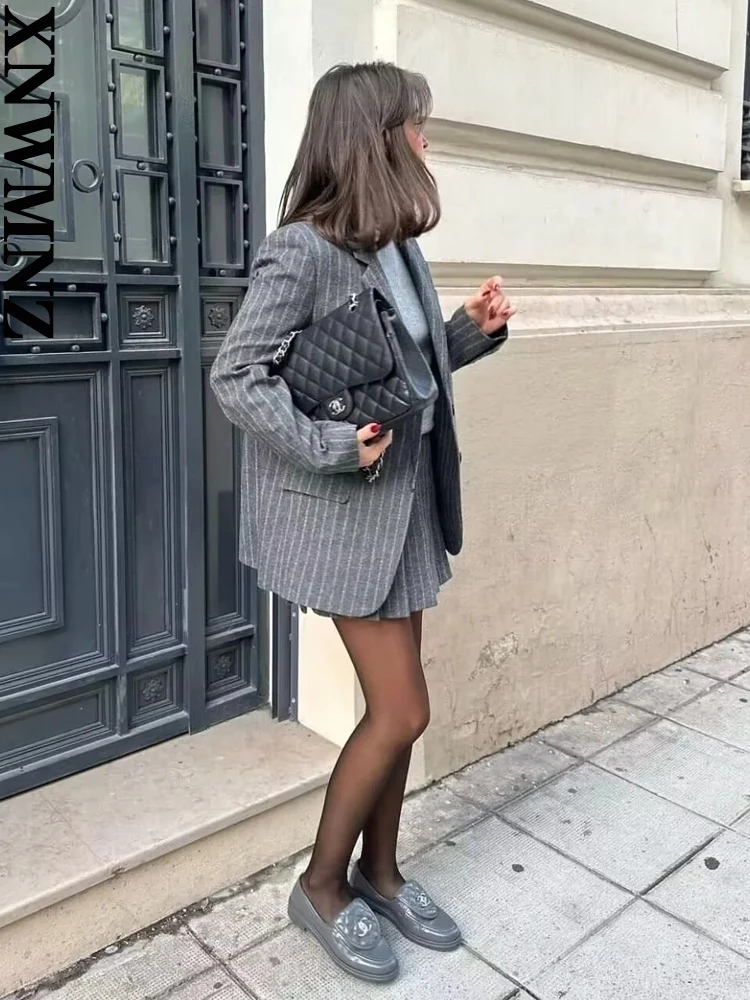 XNWMNZ 2024 Women\'s Fashion Pinstripe Blended Blazer or Box Pleated High Waist Mini Skirt High Street Female Two Piece Set