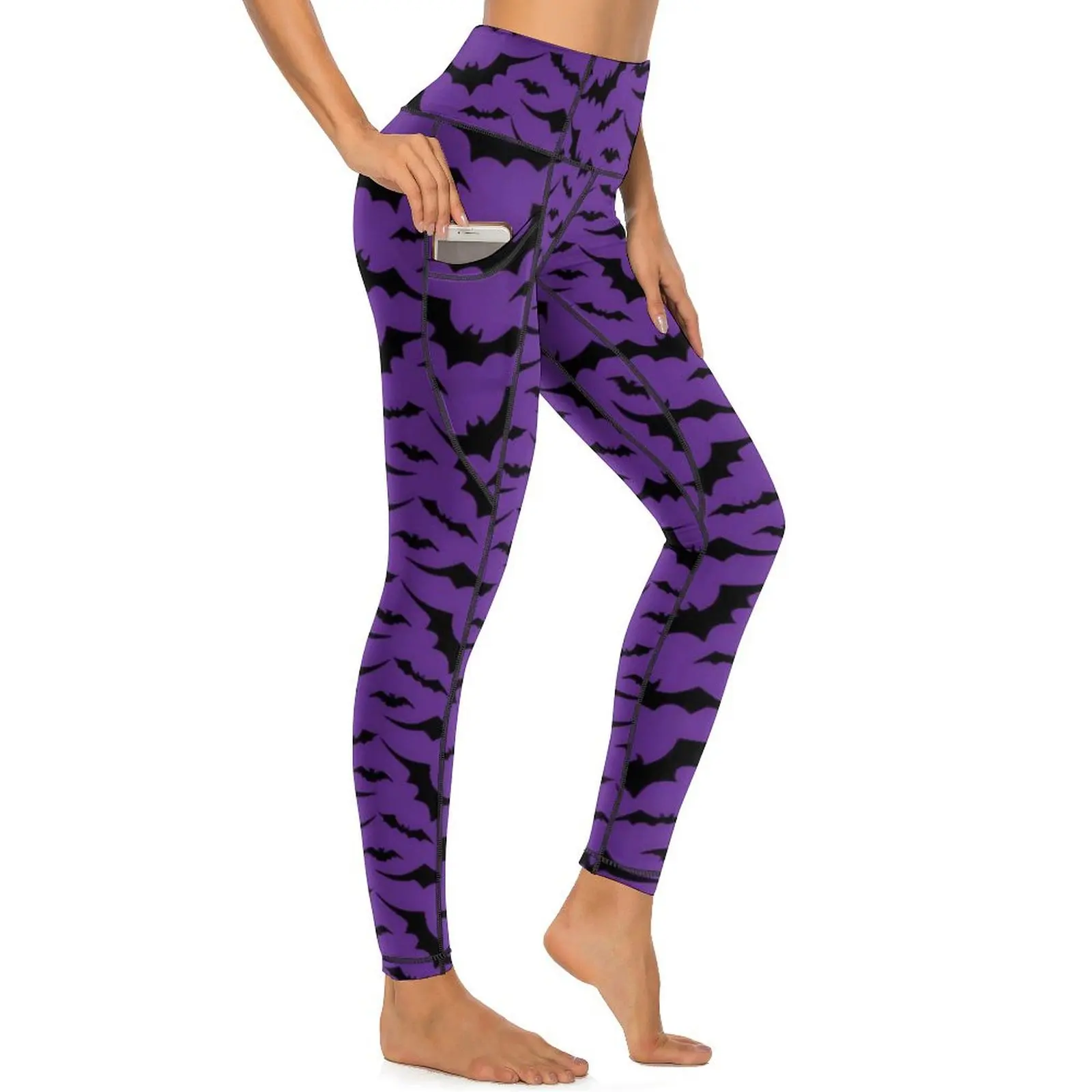 Halloween Spooky Yoga Pants With Pockets Purple Bat Leggings Sexy Push Up Yoga Sports Tights Stretch Design Fitness Gym Leggins